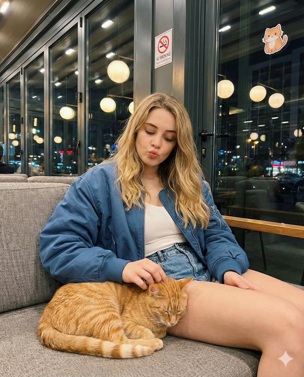夜色咖啡馆中轻抚橘猫的金发少女