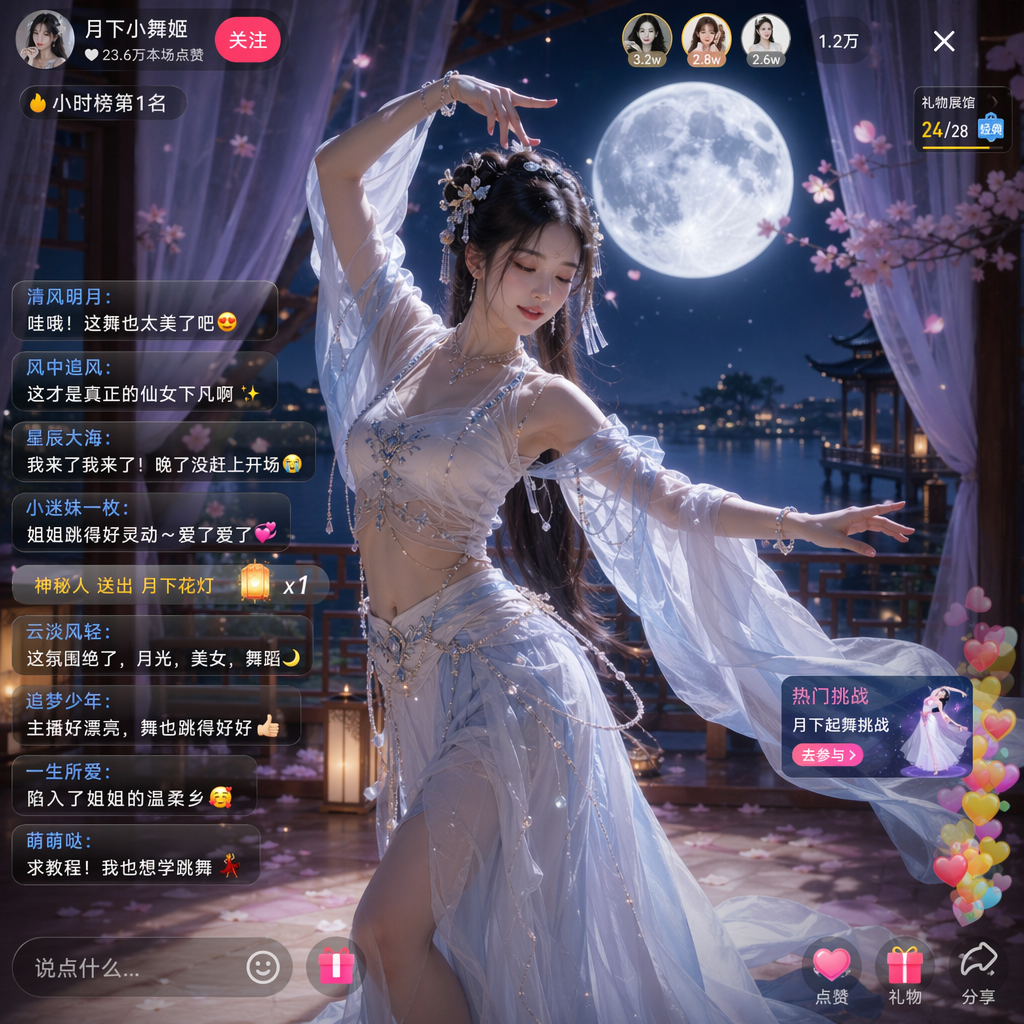 GPT Image 2 提示词 月下美女直播画面