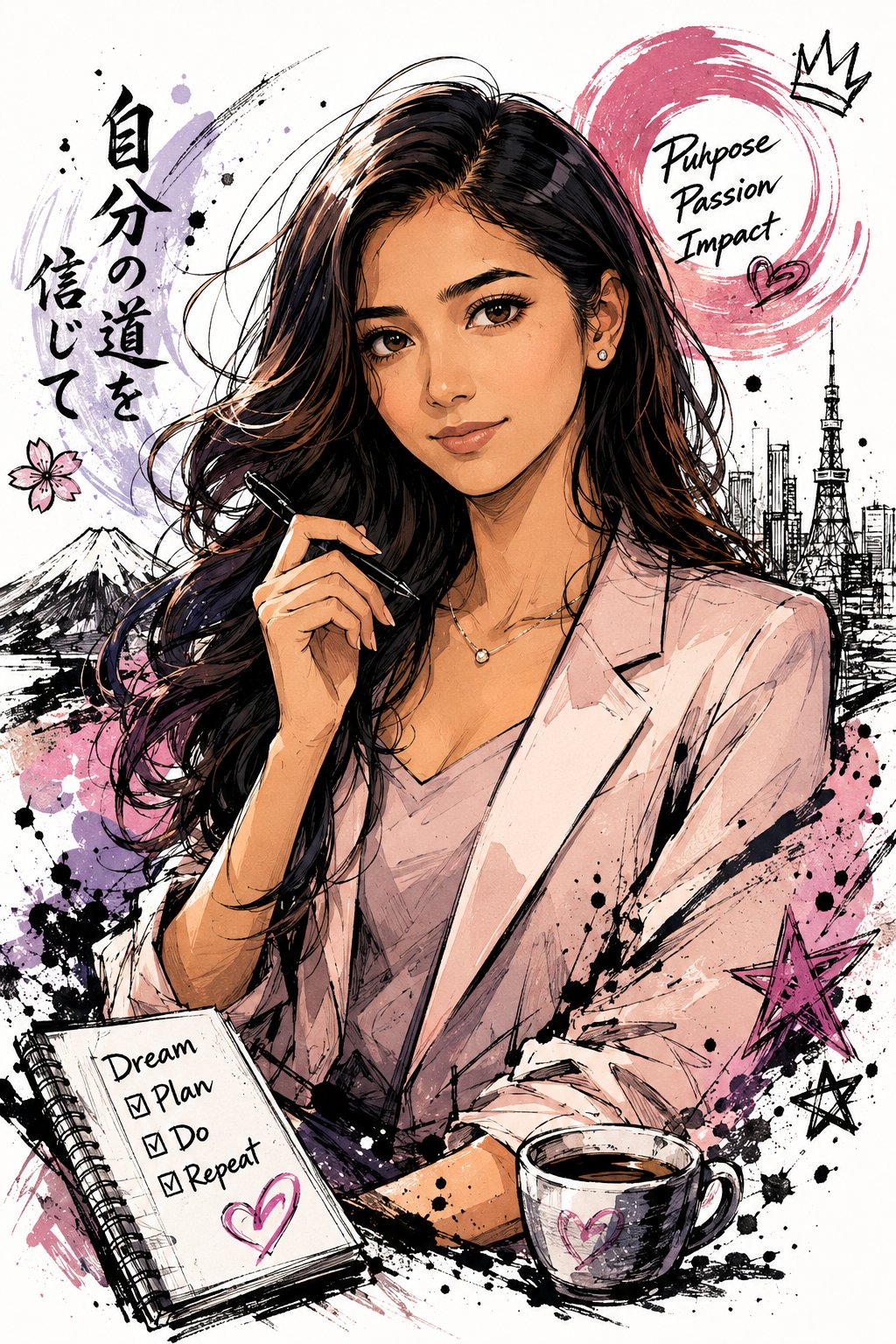 日系涂鸦墨迹风格半身人物插画