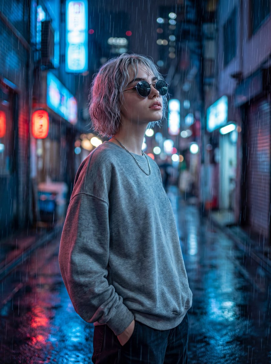 雨夜霓虹小巷中的超写实电影感人像