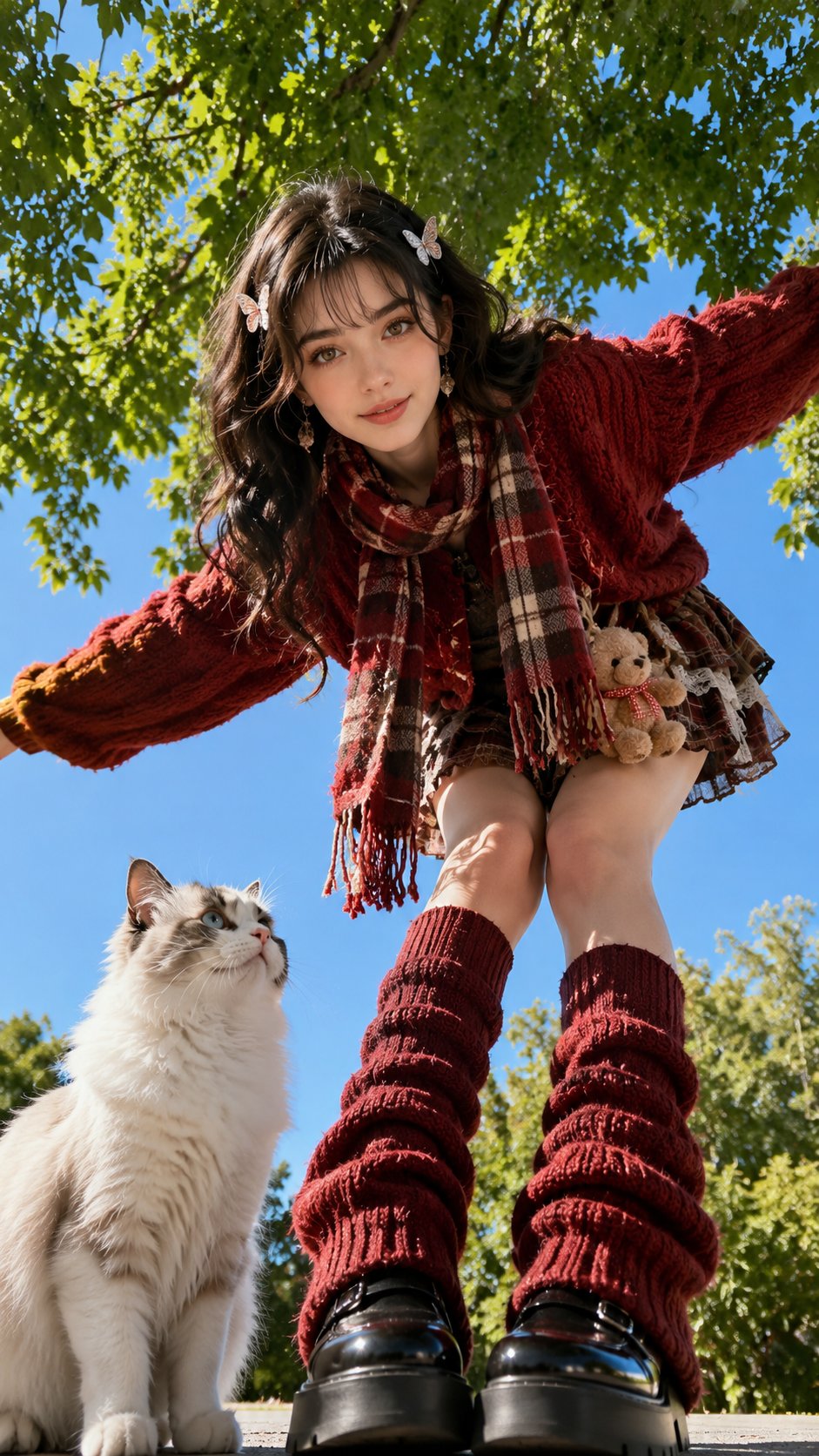 韩风秋日红毛衣少女与布偶猫仰拍