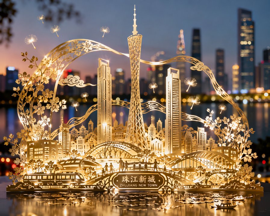 GPT Image 2 提示词 珠江新城剪纸璀璨夜景
