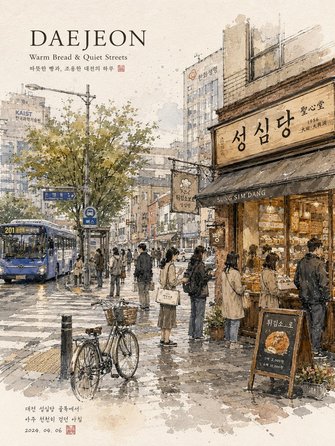 治愈系韩国街景水彩旅行手帐插画