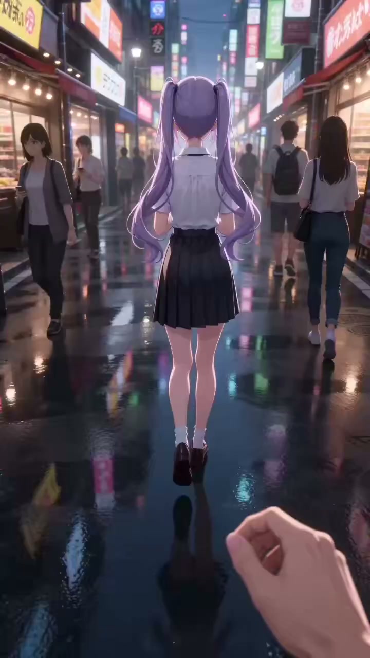 暖色街头的紫发回眸