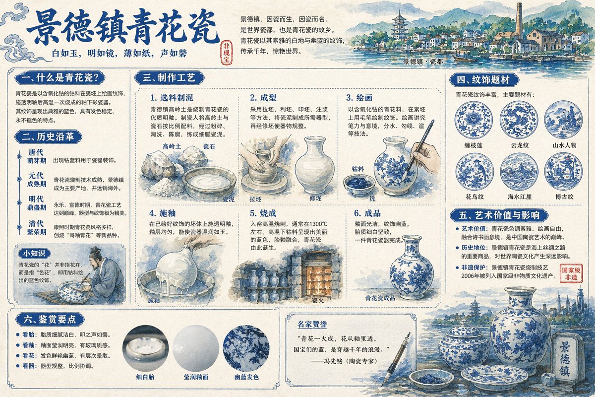 GPT Image 2 提示词 景德镇青花瓷全景解说图谱