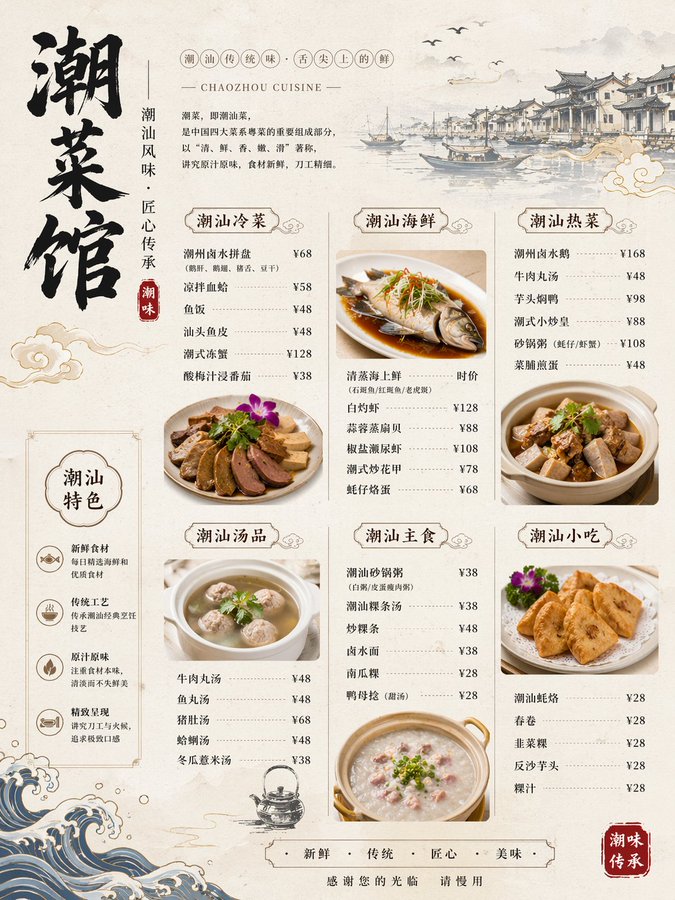 GPT Image 2 提示词 精美潮汕菜馆菜单图
