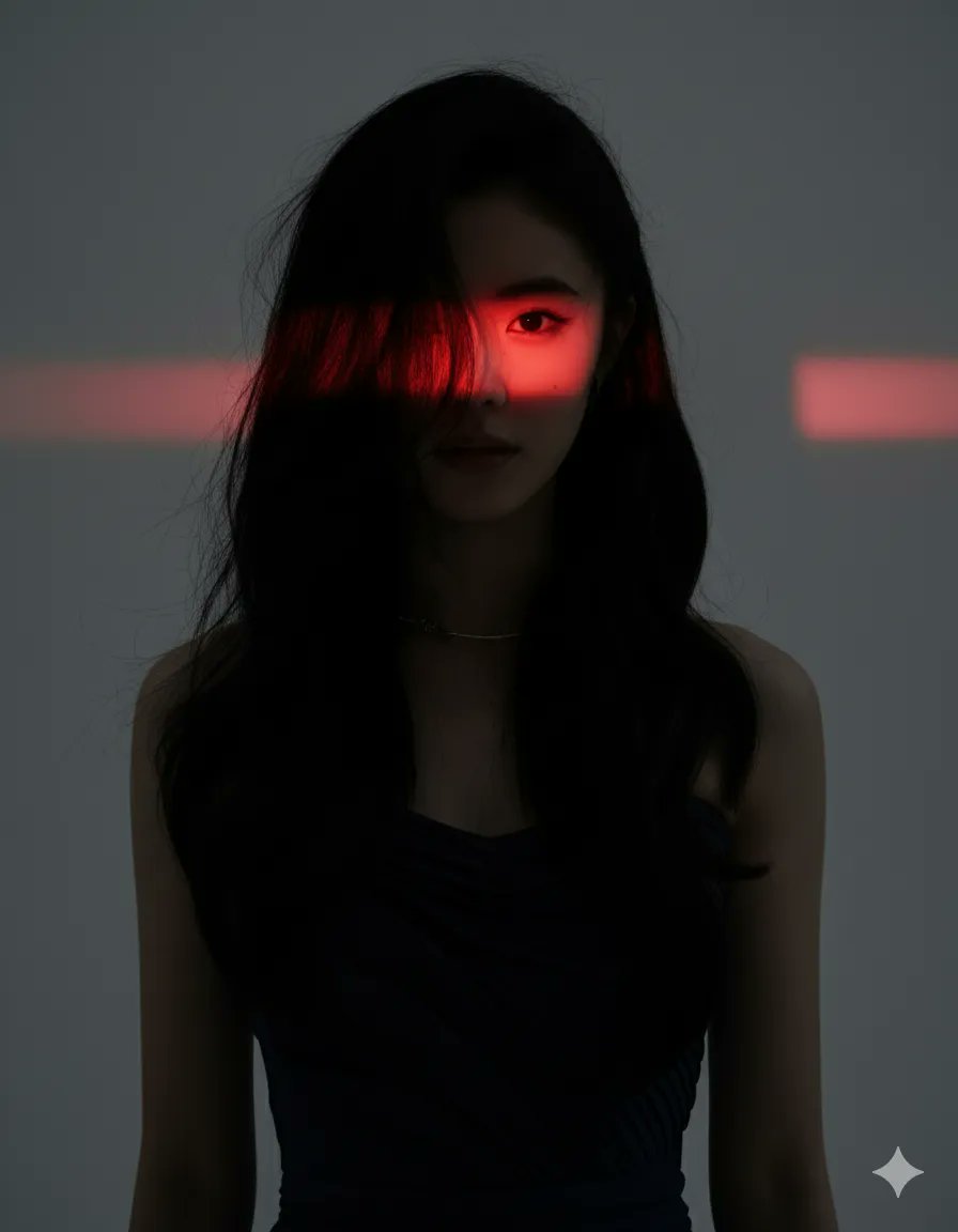 暗影中红色激光带映照下的冷峻少女