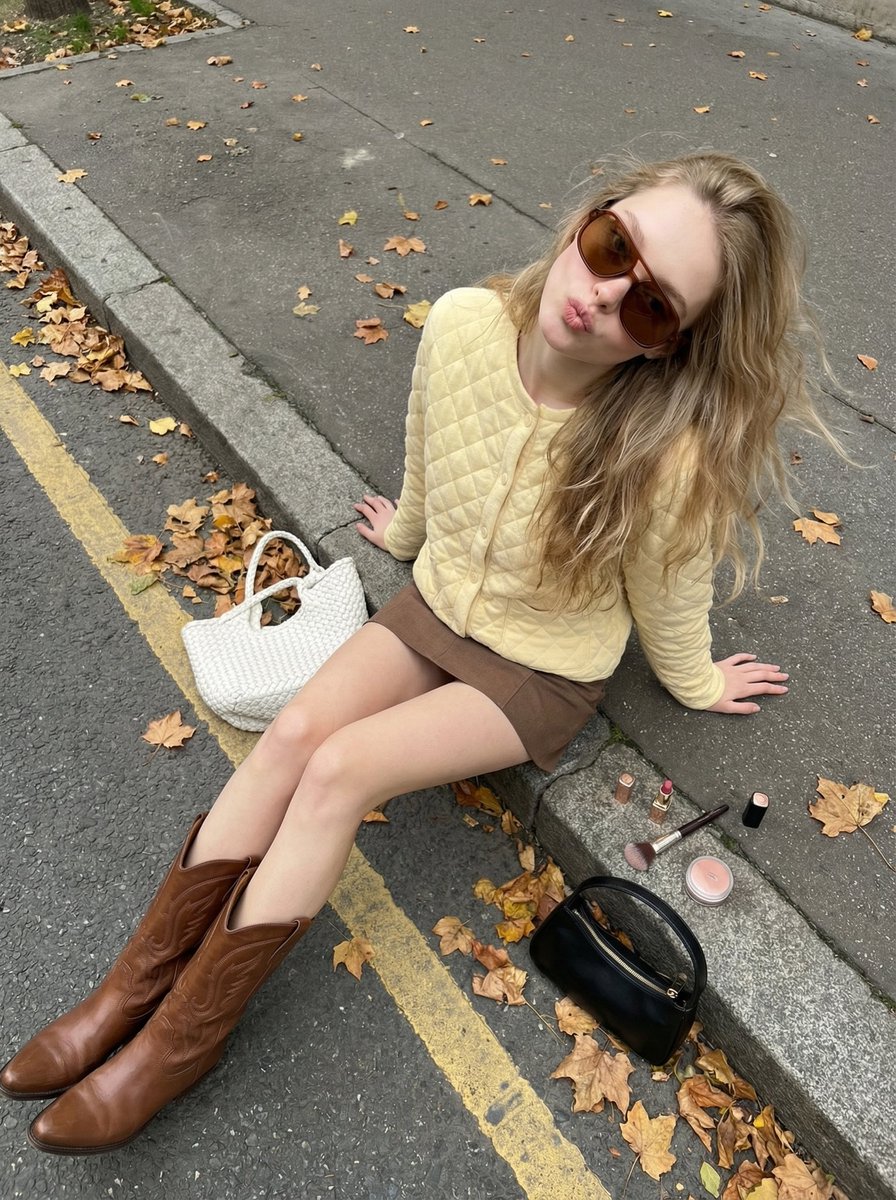 秋日街头俏皮少女，黄色开衫与长靴的时尚街拍