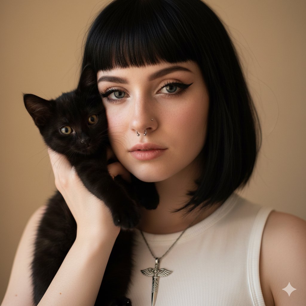 雀斑少女与琥珀眼黑猫的静谧时光