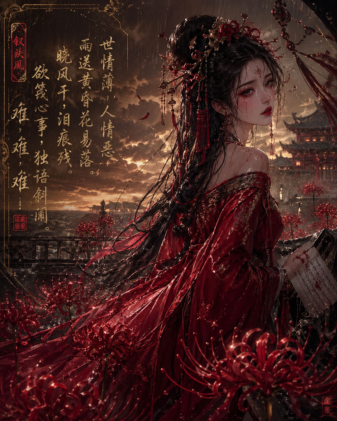 GPT Image 2 提示词 彼岸花丛中的红妆女子