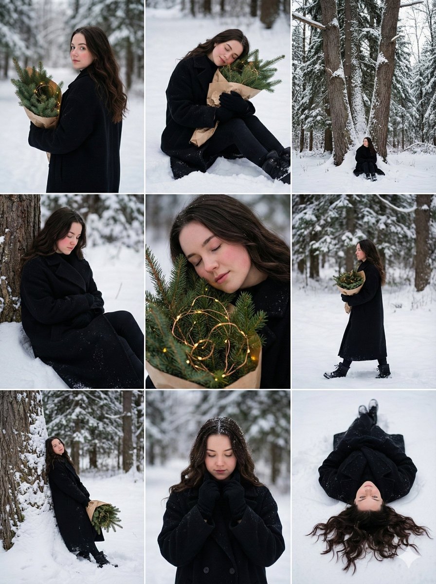 雪林光影：黑衣少女的静谧冬日叙事