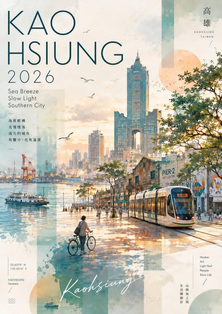 高雄台湾水彩拼贴旅行海报