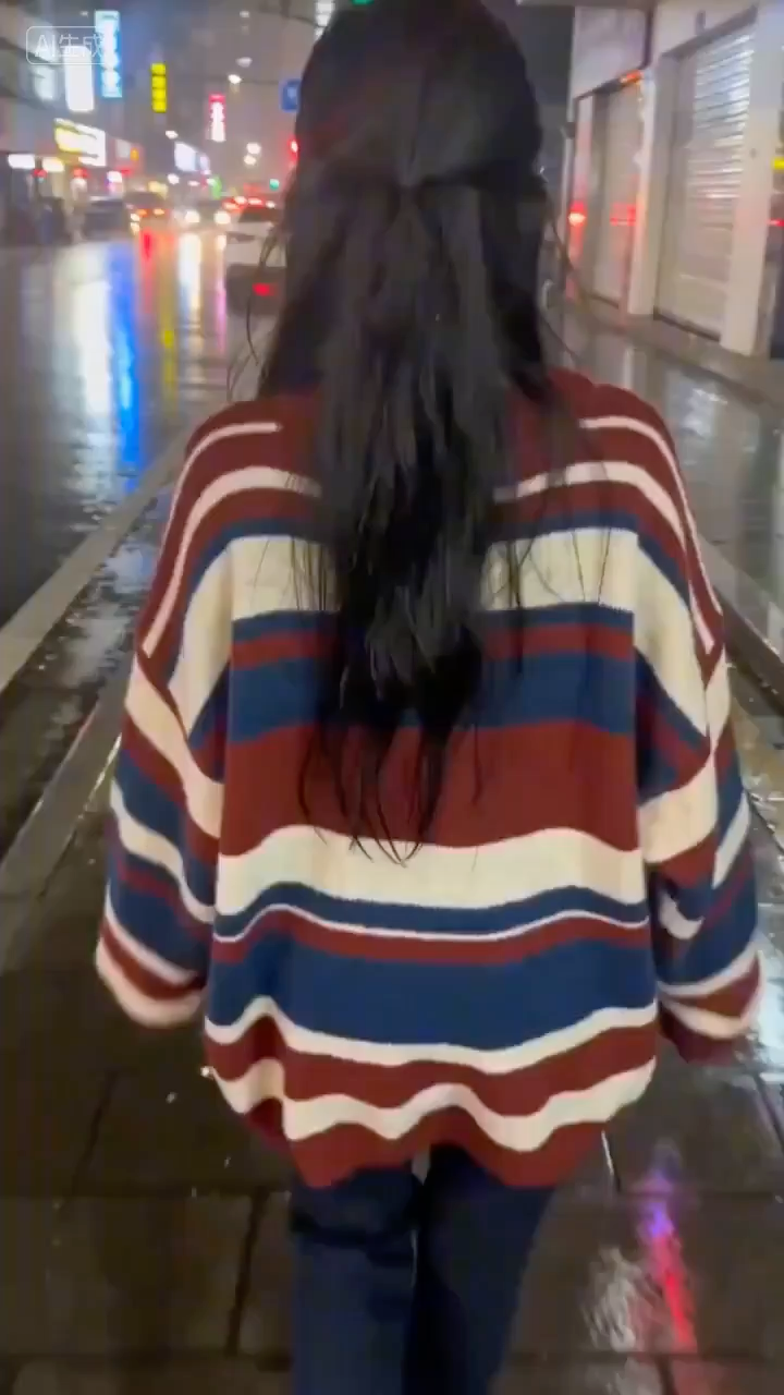 雨夜霓虹下的甜美回眸少女