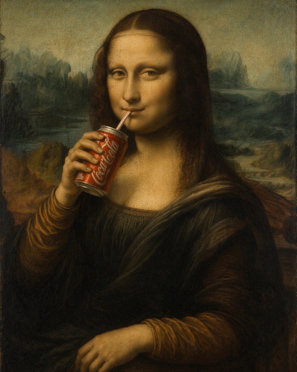 GPT Image 2 提示词 蒙娜丽莎畅饮可乐的趣味油画