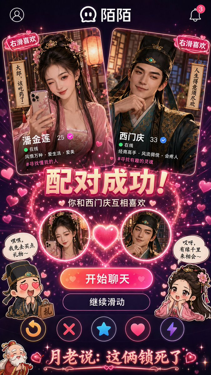 陌陌右滑匹配潘金莲西门庆