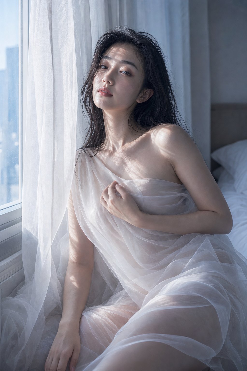 晨光薄纱清冷高级写实人像