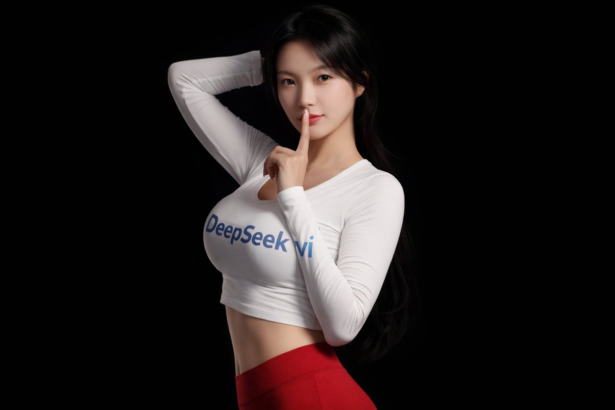 纯黑背景下DeepSeek品牌少女的迷人嘘声侧颜