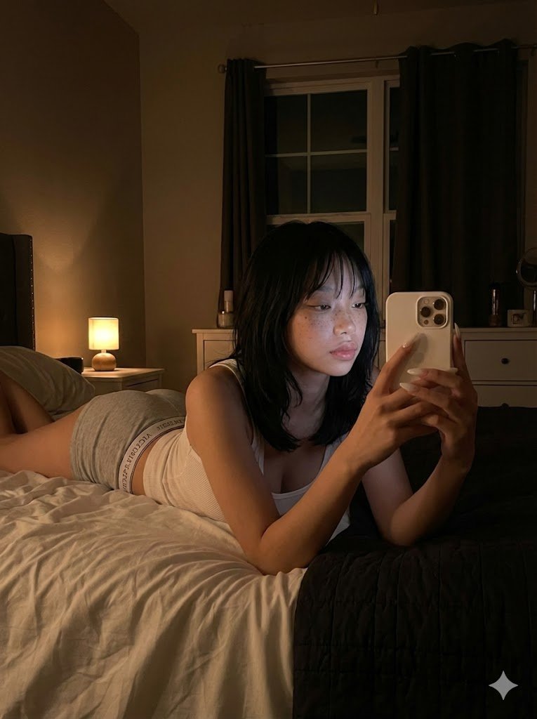 极致光影下夜晚卧室趴卧自拍的写实瞬间