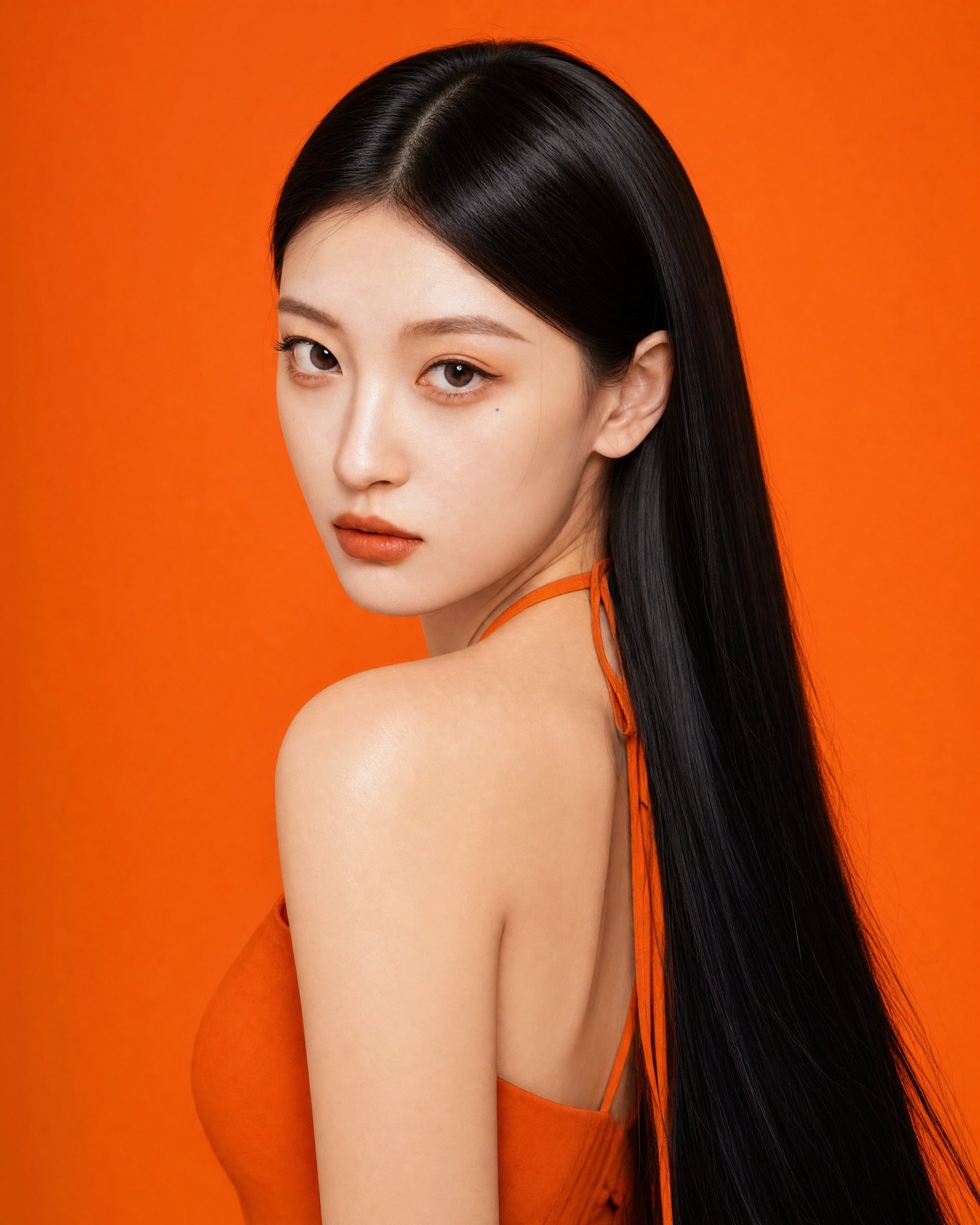 橙色丝绸裙东亚女性特写人像