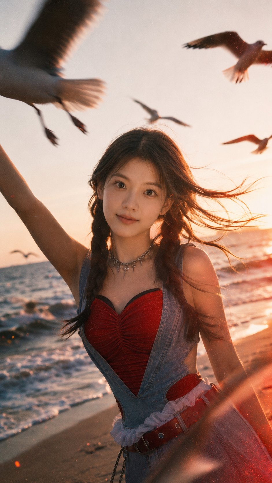 夕阳海边电影感写实人像