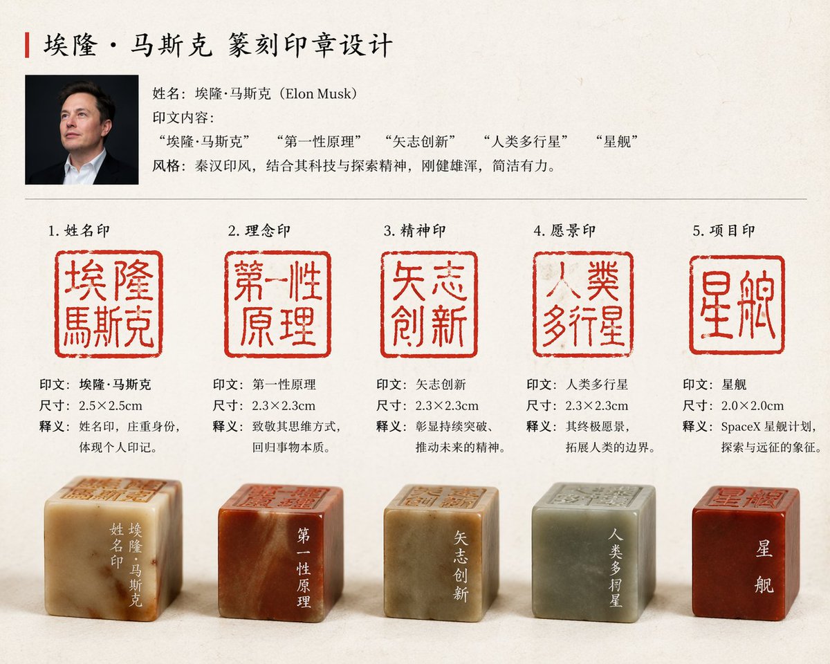 GPT Image 2 提示词 马斯克专属篆刻印章设计