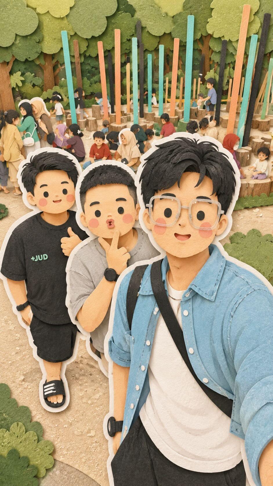 可爱家族旅行手工剪纸拼贴插画