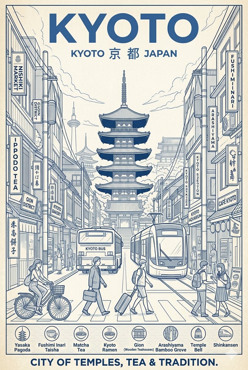 京都蓝白建筑风格旅游海报