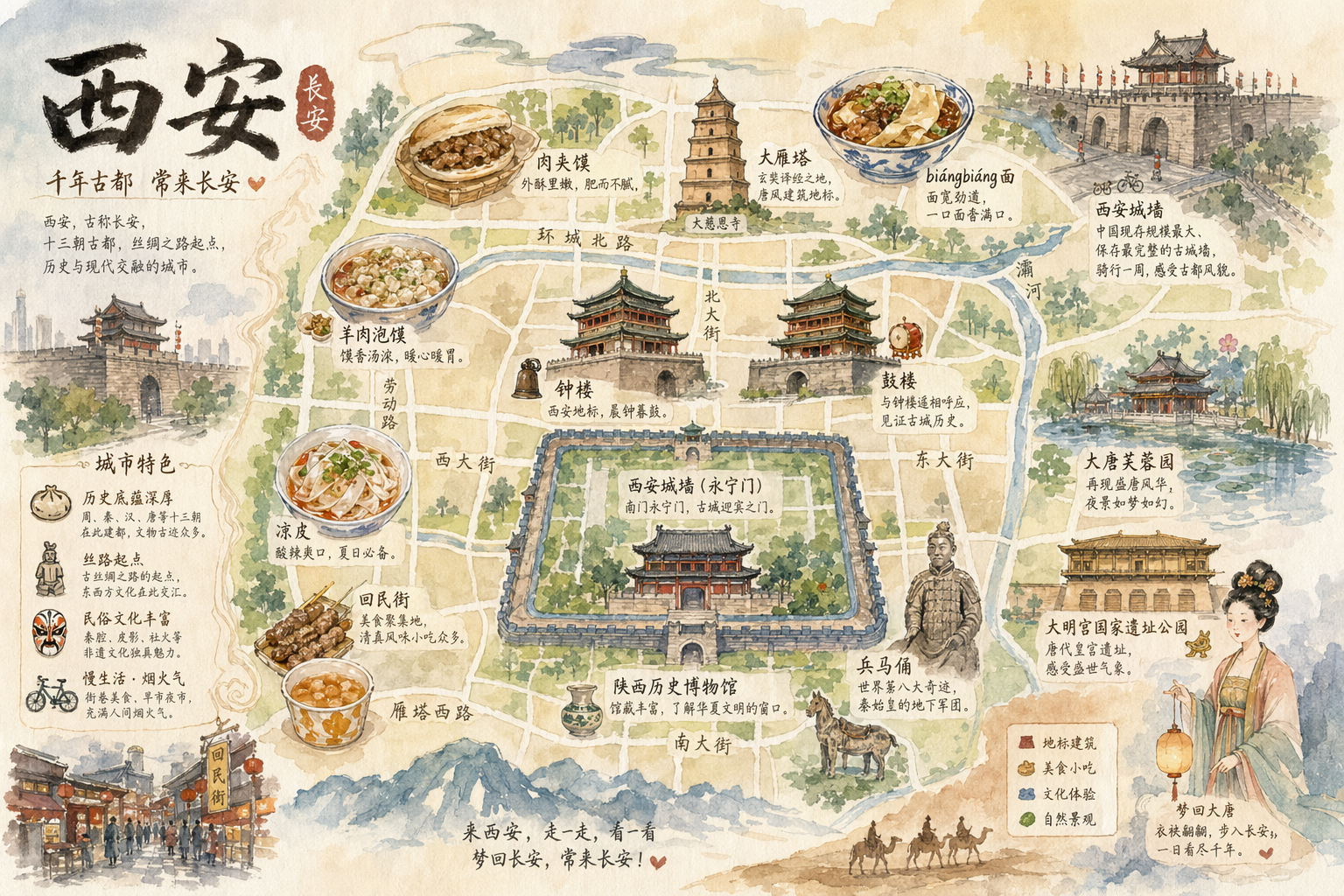 GPT Image 2 提示词 西安手绘水彩城市地图