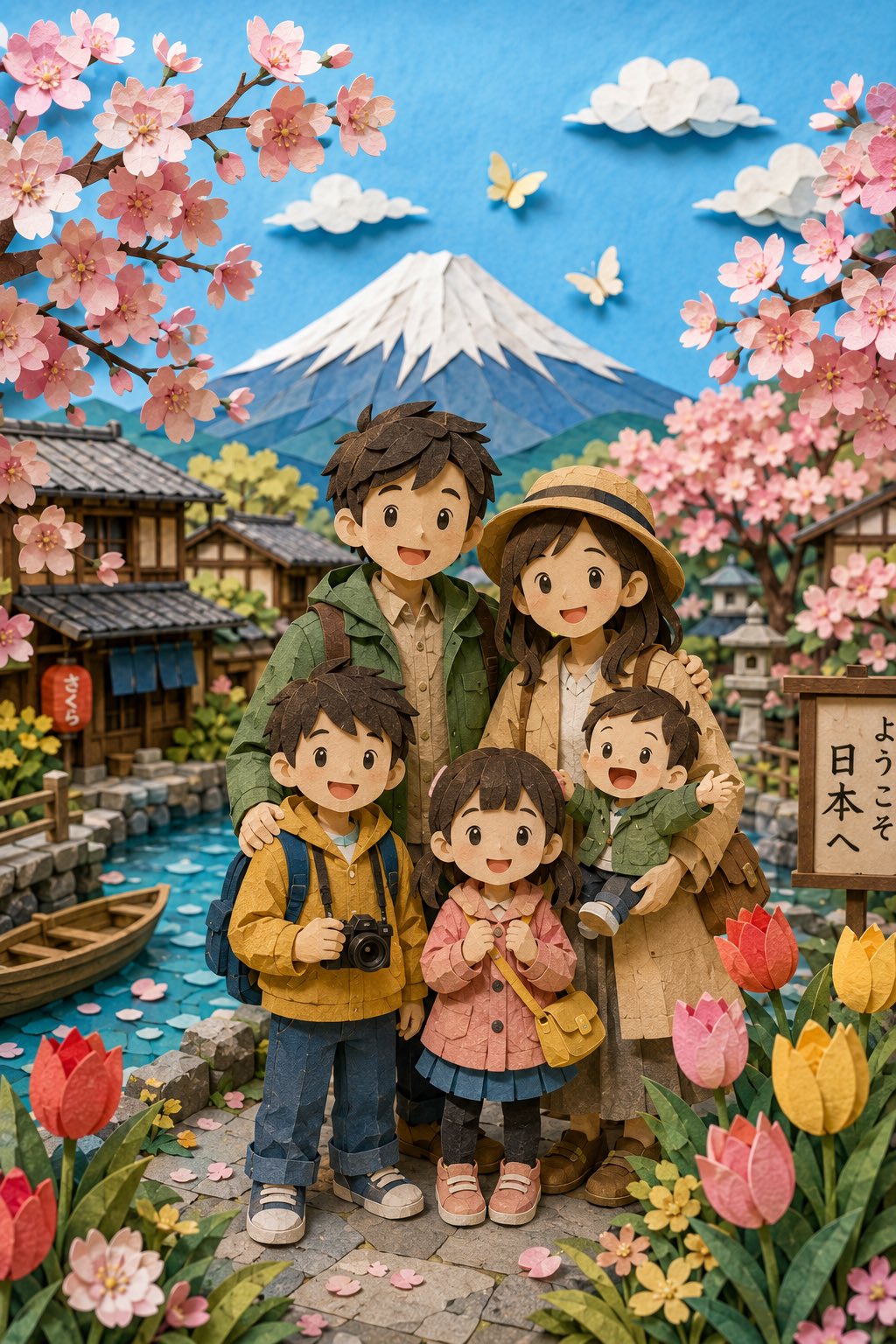 樱花季和风3D纸雕全家欢