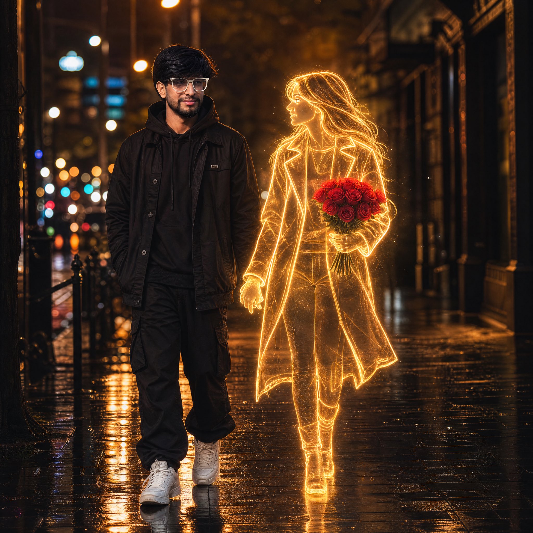 雨夜街头与发光全息女子牵手的男子