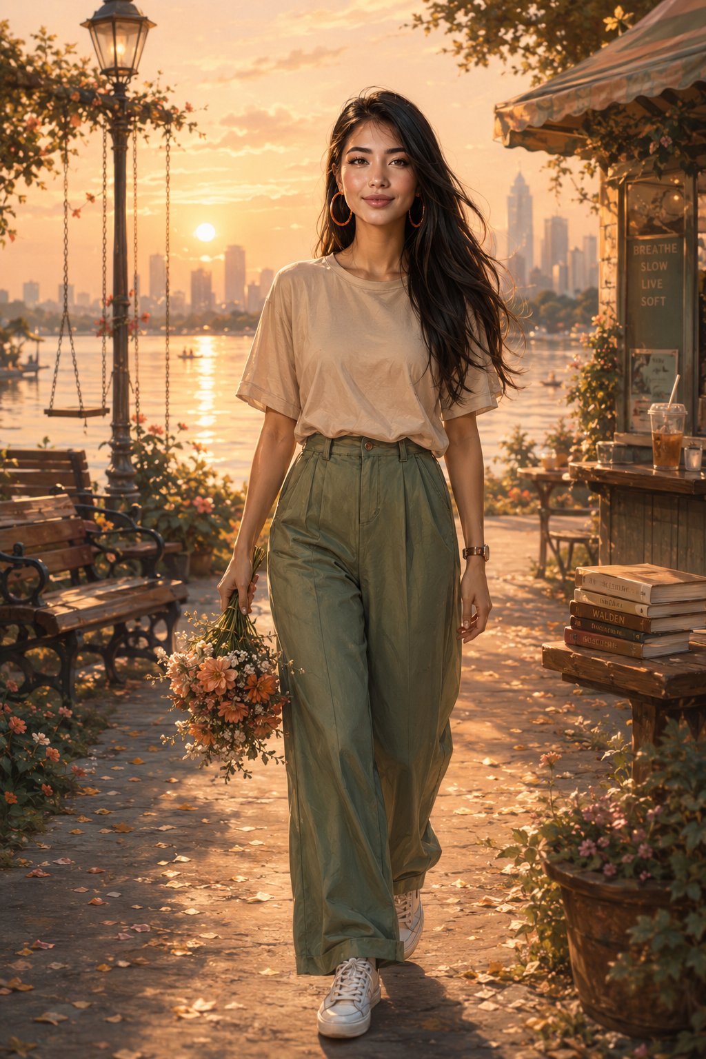 湖边漫步的现代感少女金色傍晚全身像
