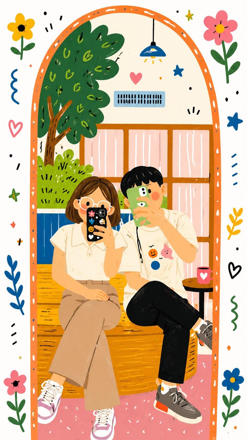 可爱韩系情侣对镜自拍插画