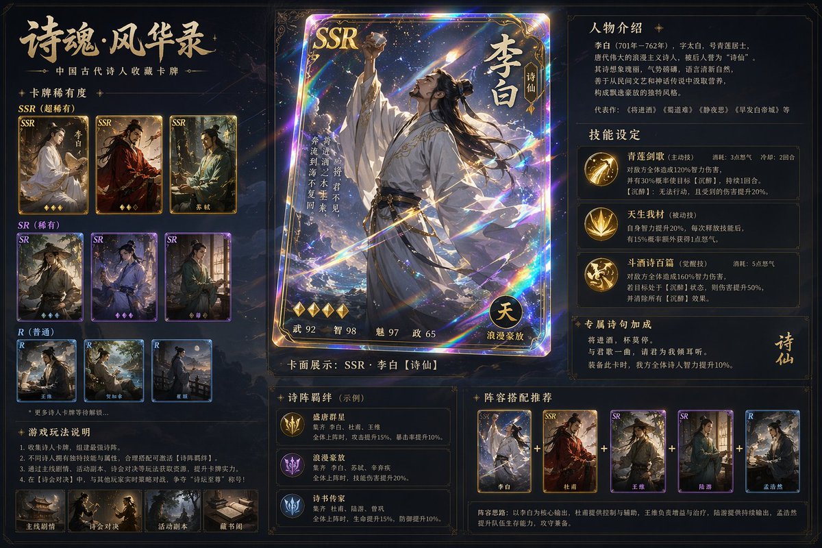 GPT Image 2 提示词 古风诗人镭射典藏卡牌