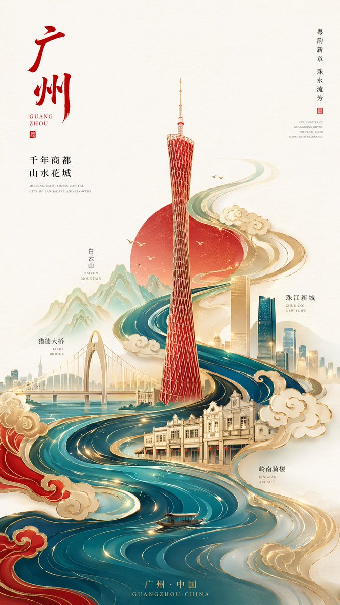 GPT Image 2 提示词 极简国潮鎏金广州塔海报