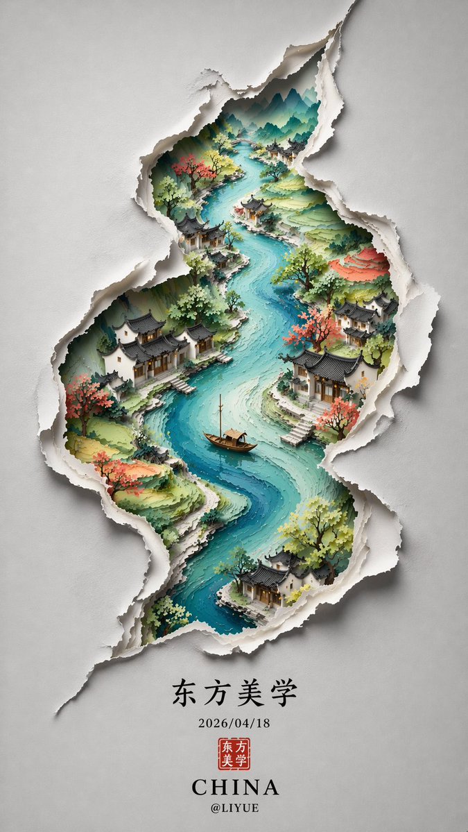 GPT Image 2 提示词 裂痕里的水墨东方山水画卷