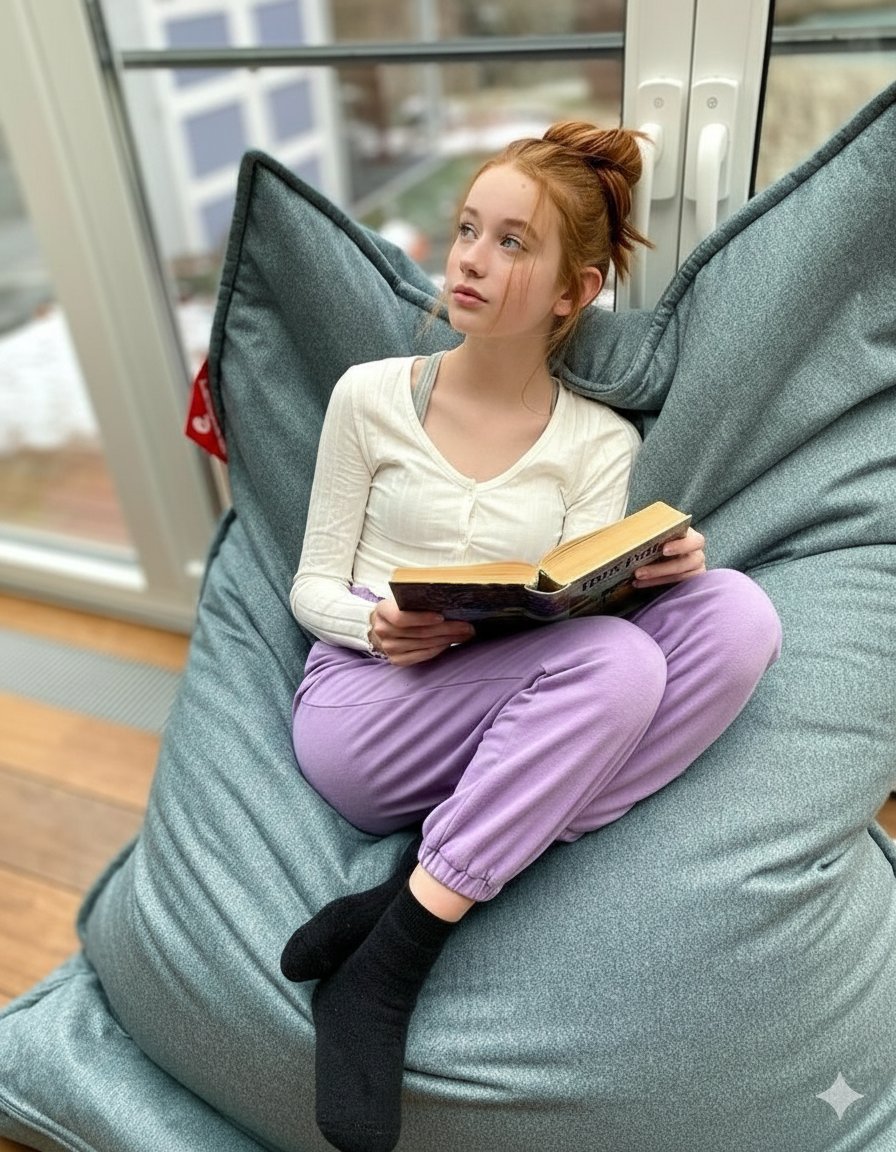 懒人沙发上的红发少女与冬日书梦