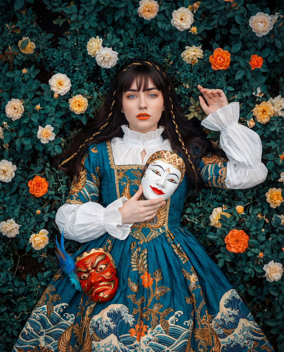 鲜花簇拥下身着蜡染礼服的印尼名媛