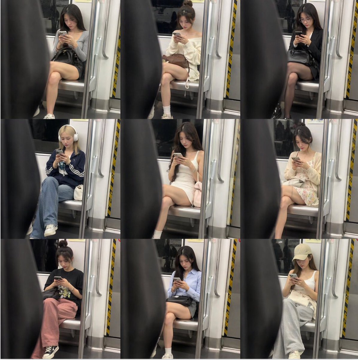 地铁偷拍视角街拍：灰衣黑裙专注手机