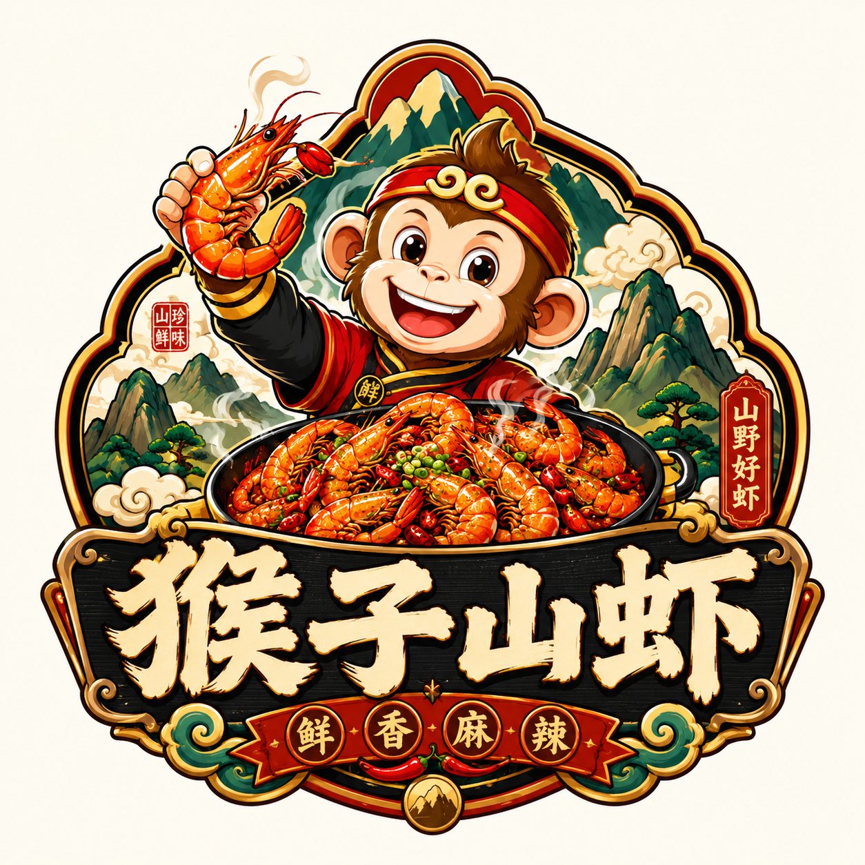 国潮风高级餐饮徽章Logo设计