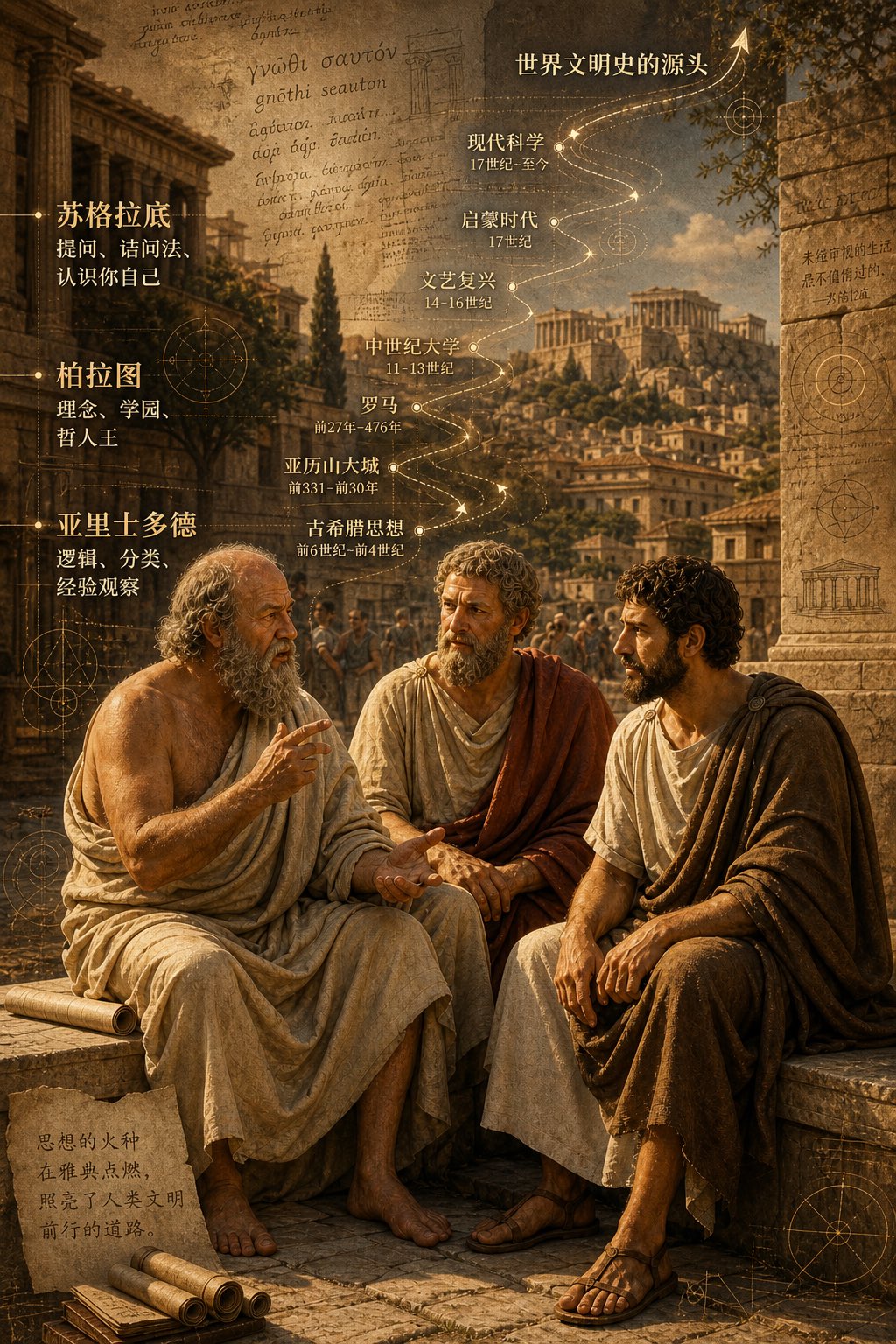 GPT Image 2 提示词 古希腊三哲时间轴城市图