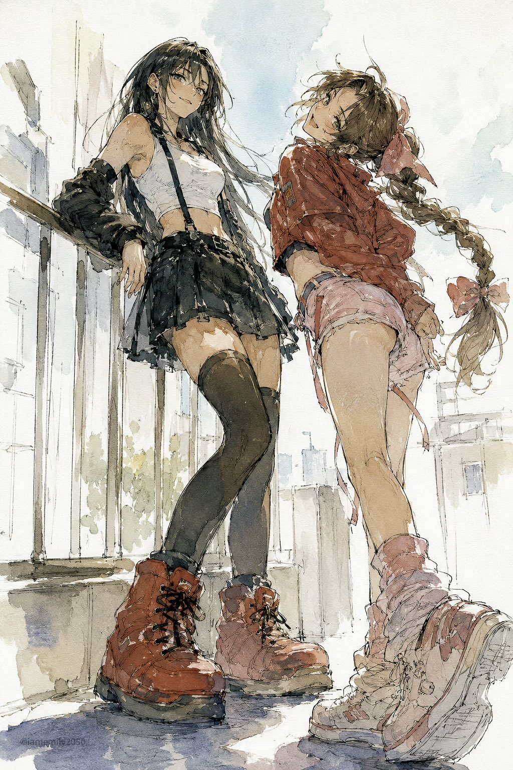 阳光露台少女水彩漫画速写