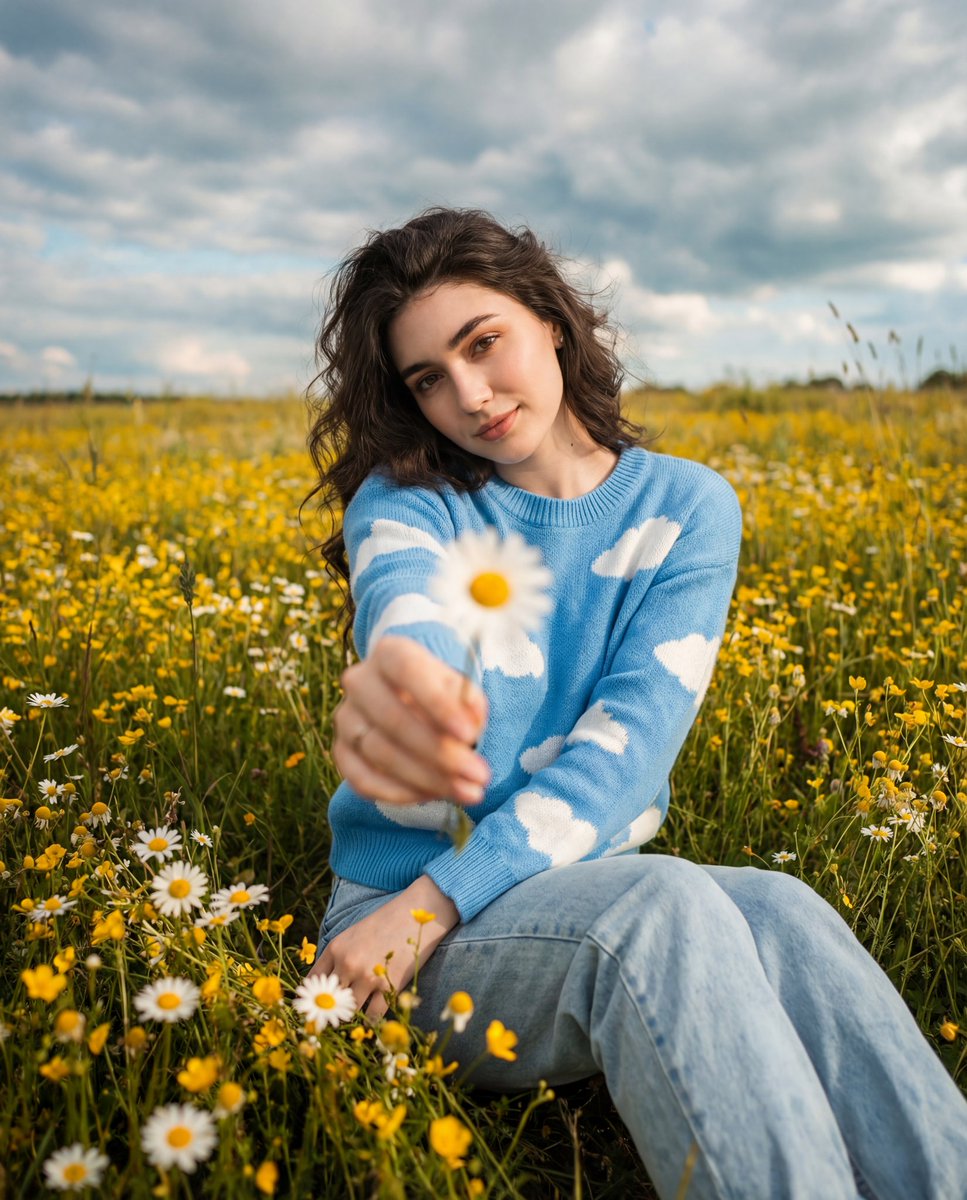 雏菊丛中的电影感复古胶片少女
