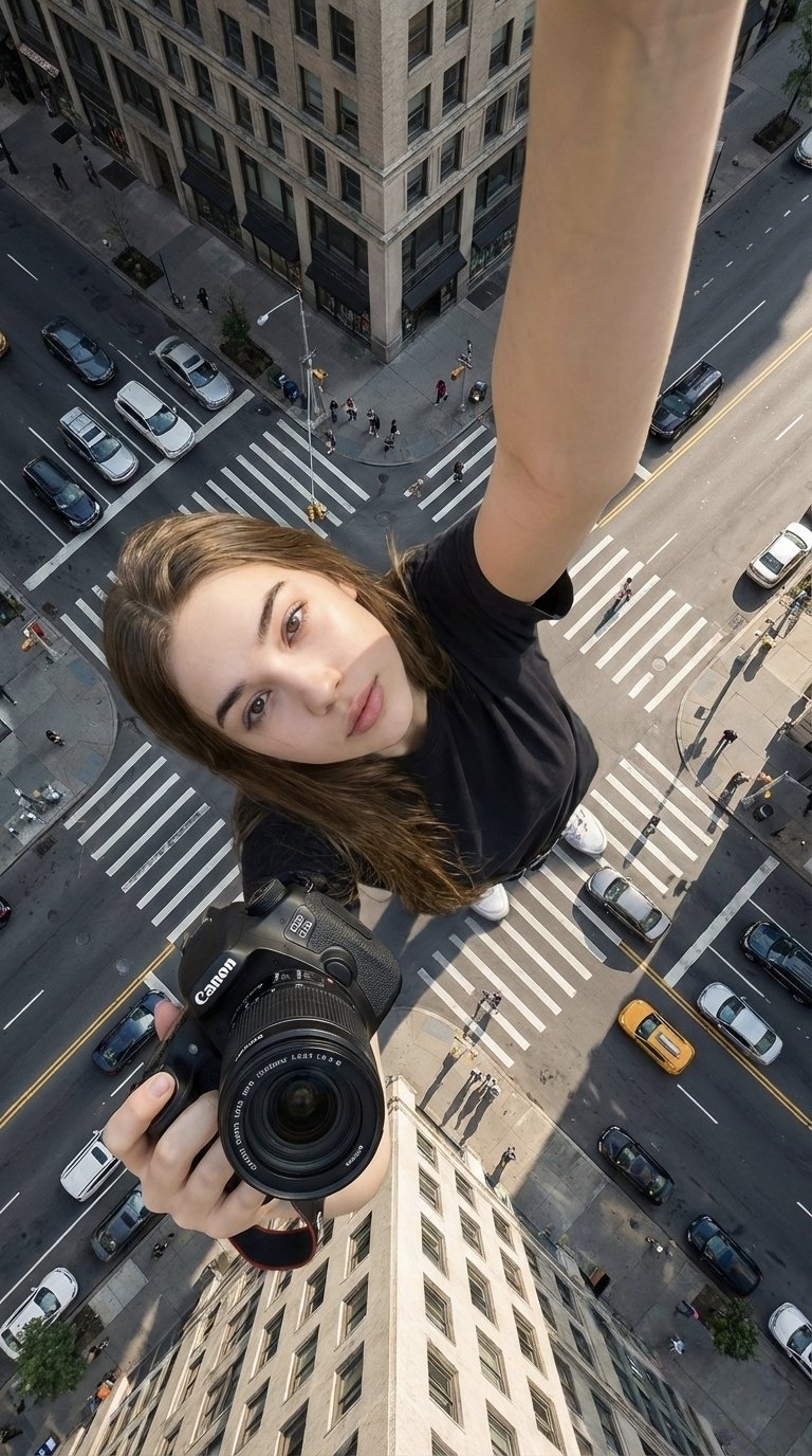 GPT Image 2 提示词 俯拍巨女城景自拍