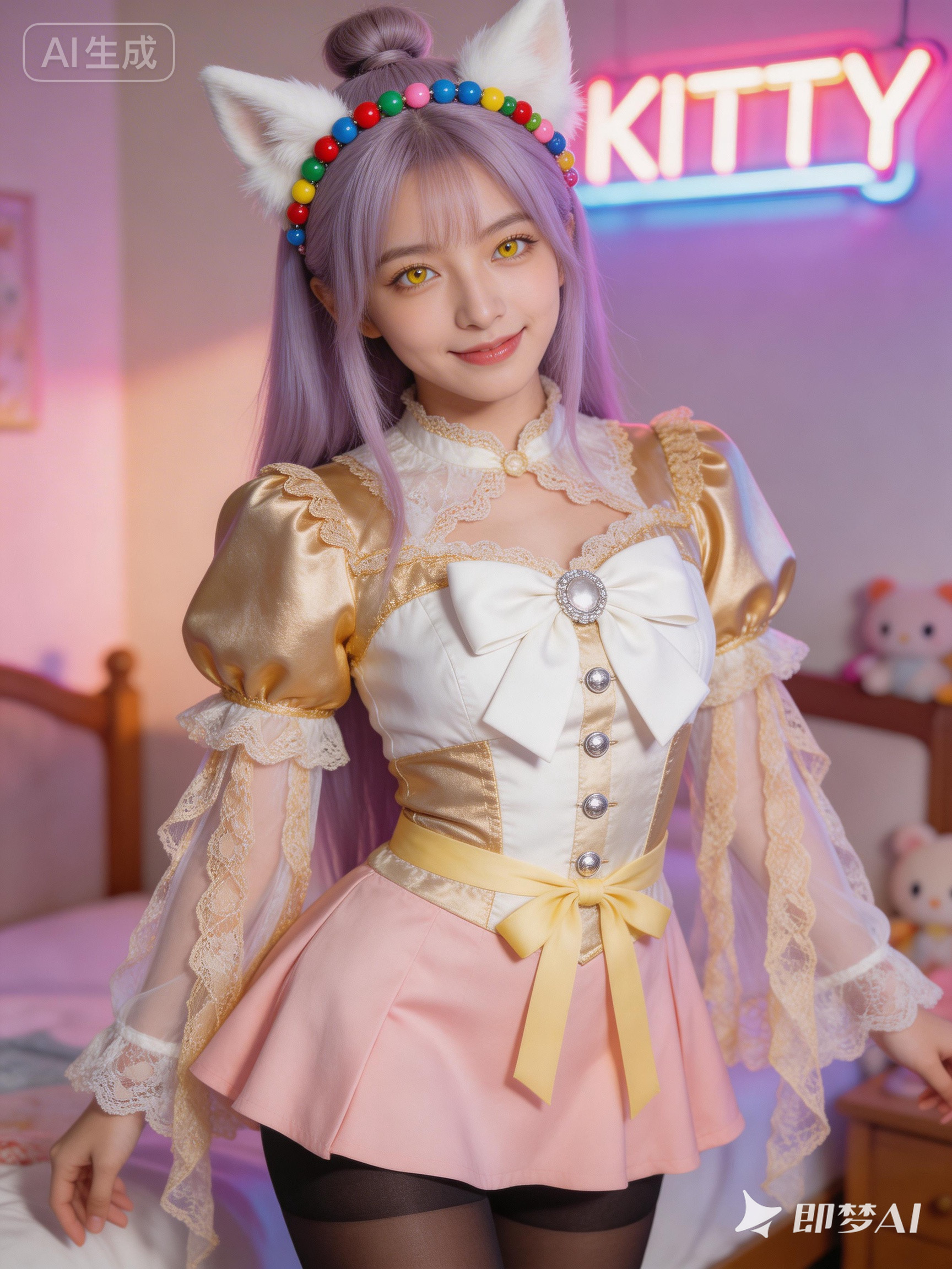 浅紫发狐耳洛丽塔Cosplay卧室肖像