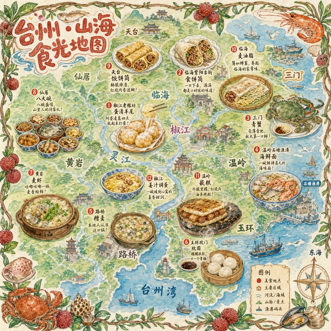 GPT Image 2 提示词 一张手绘风格的城市美食地图，以台州为主题