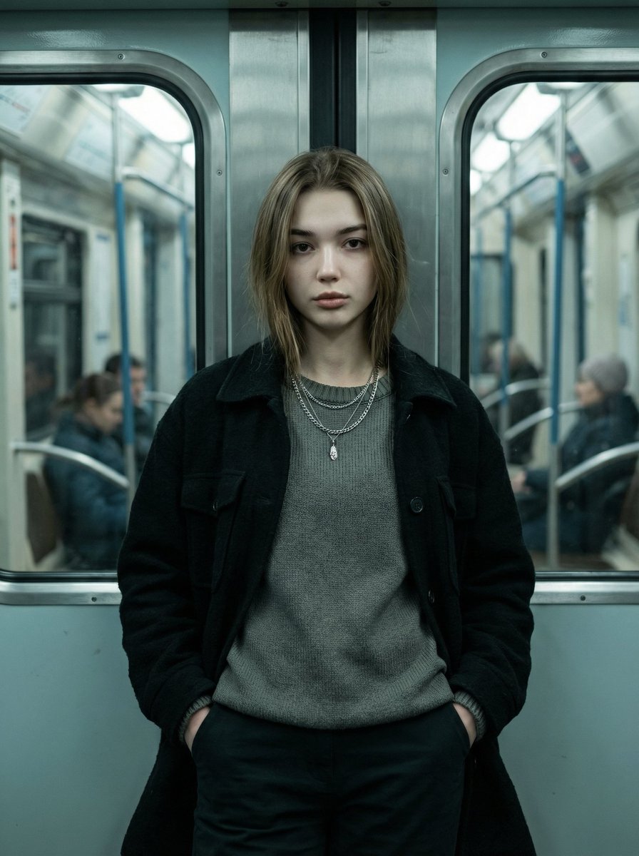地铁车厢里的冷酷时尚女郎