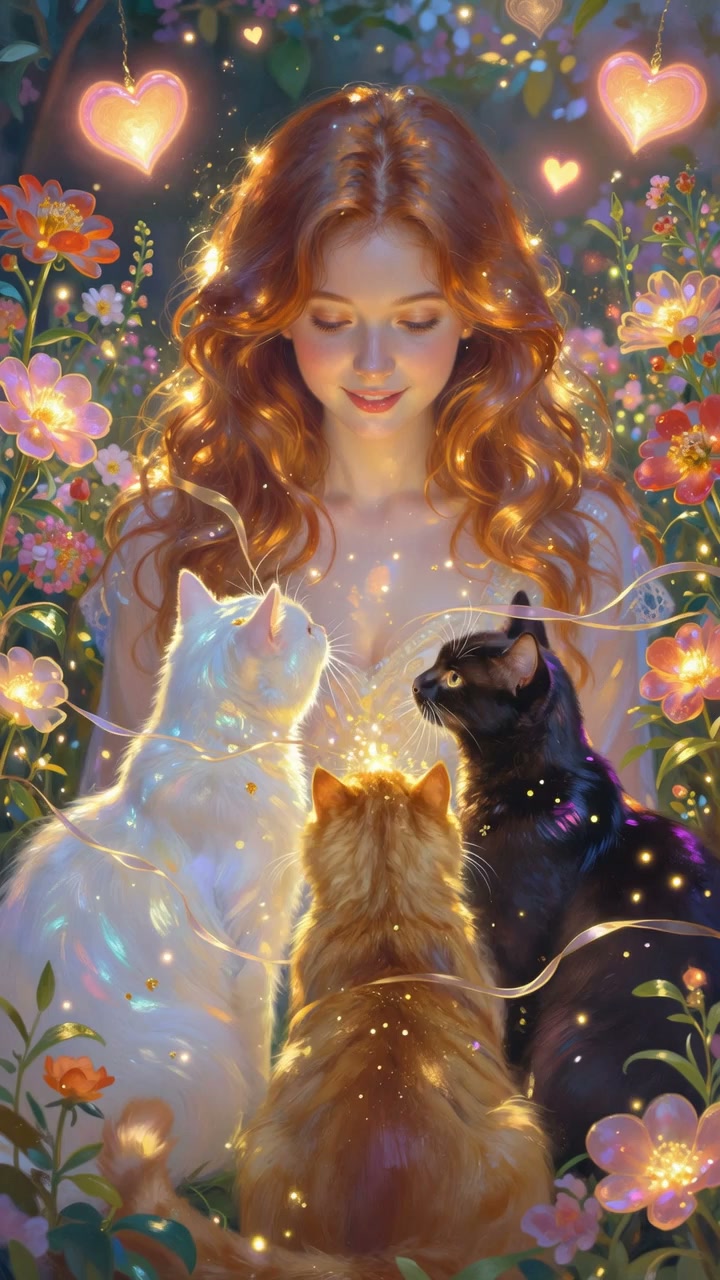 梦幻情人节花园红发少女与三猫