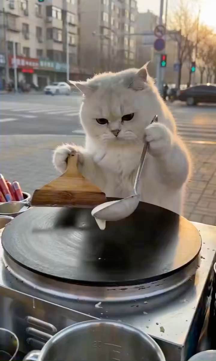 街头猫咪大厨制作美味煎饼