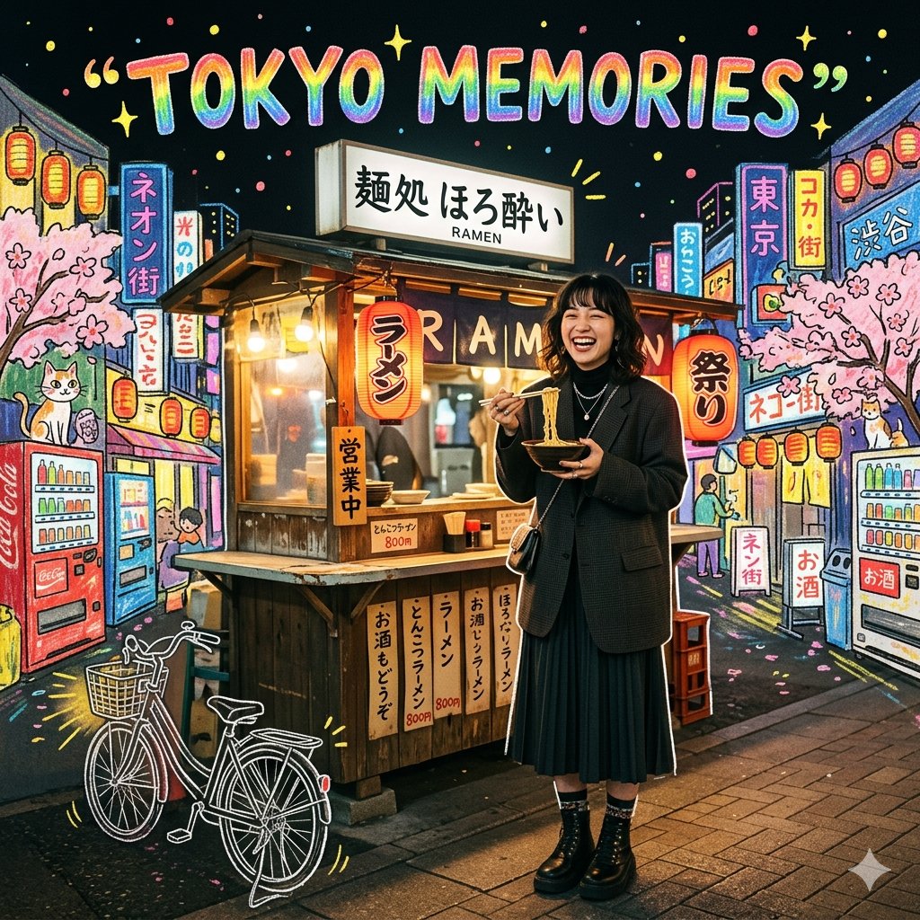 东京之夜时尚少女与蜡笔手绘背景