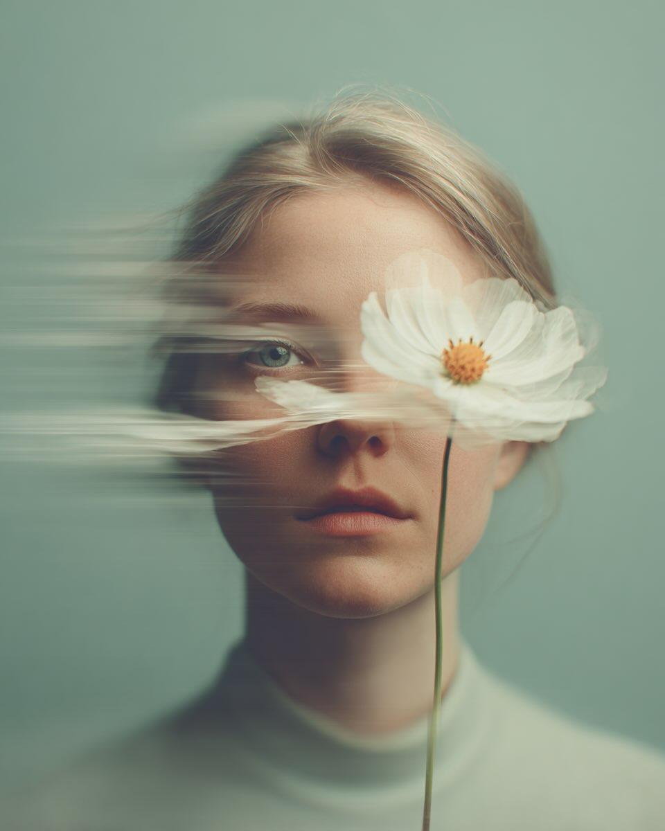 灰绿花影中梦幻少女肖像